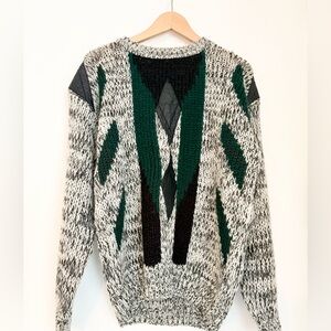 Vintage Knit Sweater with Leather Panels – M